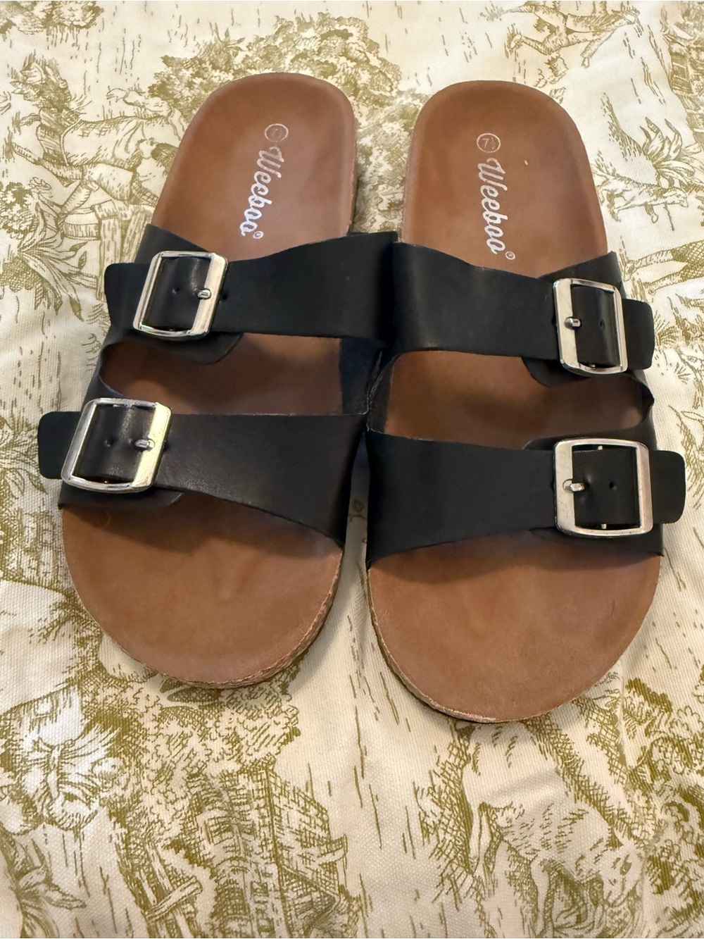 Weeboo Black Double-Buckle Slide Sandals for Women